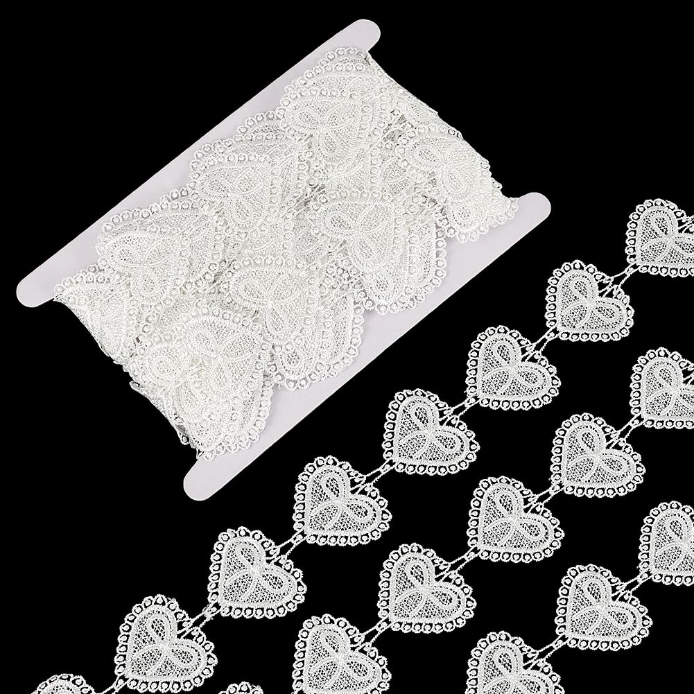 FINGERINSPIRE 7.5 Yards/6.86M Heart Applique Lace Trim in White, Polyester Material, Perfect for Wedding & Romantic Occasions, 47mm Wide, Heart Shaped Embroidered Bow Lace Edge Trim