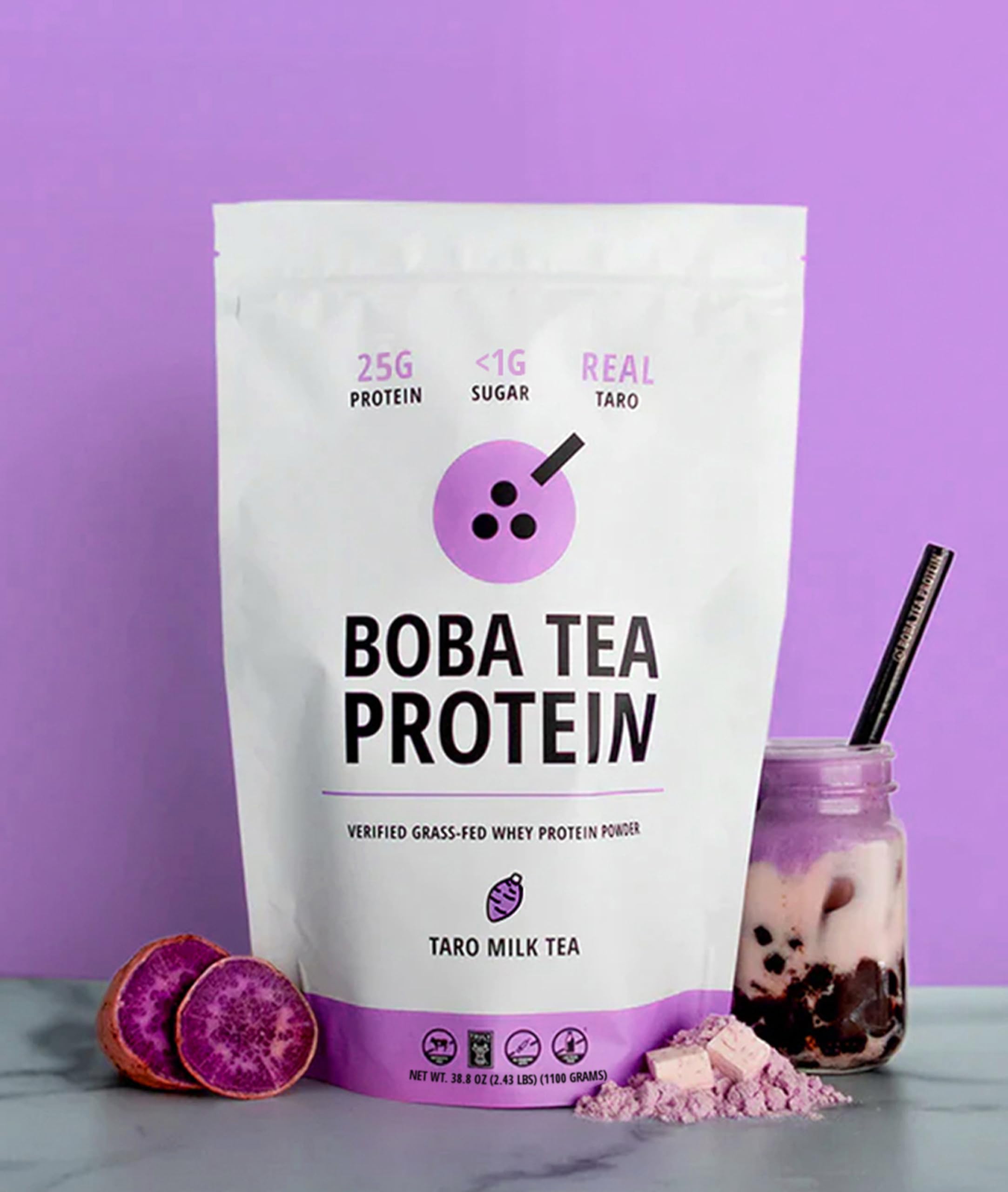 Boba Tea Protein Taro Milk | 25g Grass-Fed Whey Protein Isolate Powder | Gluten-Free & Soy-Free Bubble Tea Drink | Real Ingredients & Lactose-Free Protein Drink | 25 Servings