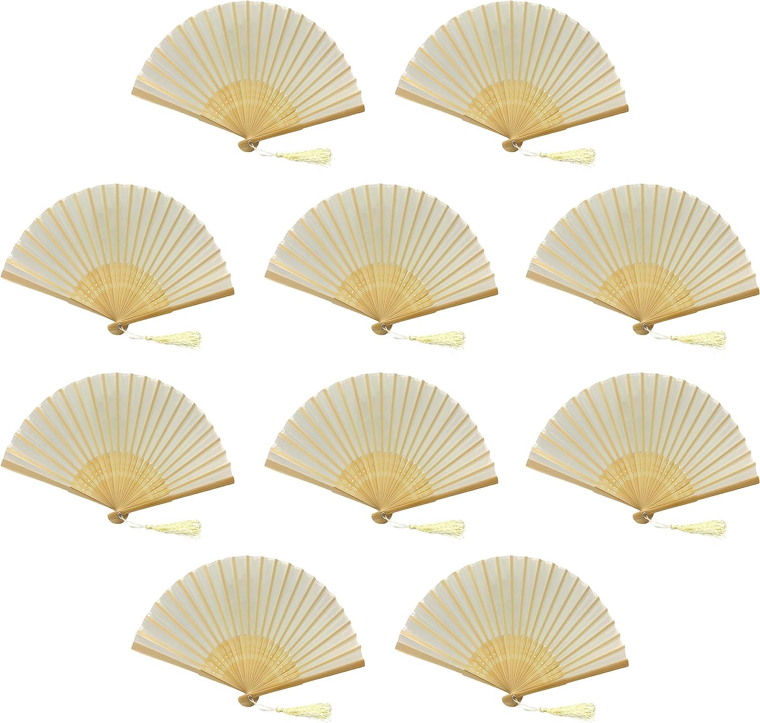 FANSOF.FANS Pack of 10 Chinese Folding Hand Fans – Silk Fabric Handheld Fan with Bamboo Ribs & Tassel, White Wedding Fans for Guests, Bridal Shower & Hen Party Favours, Paper Fan Style Wedding Props