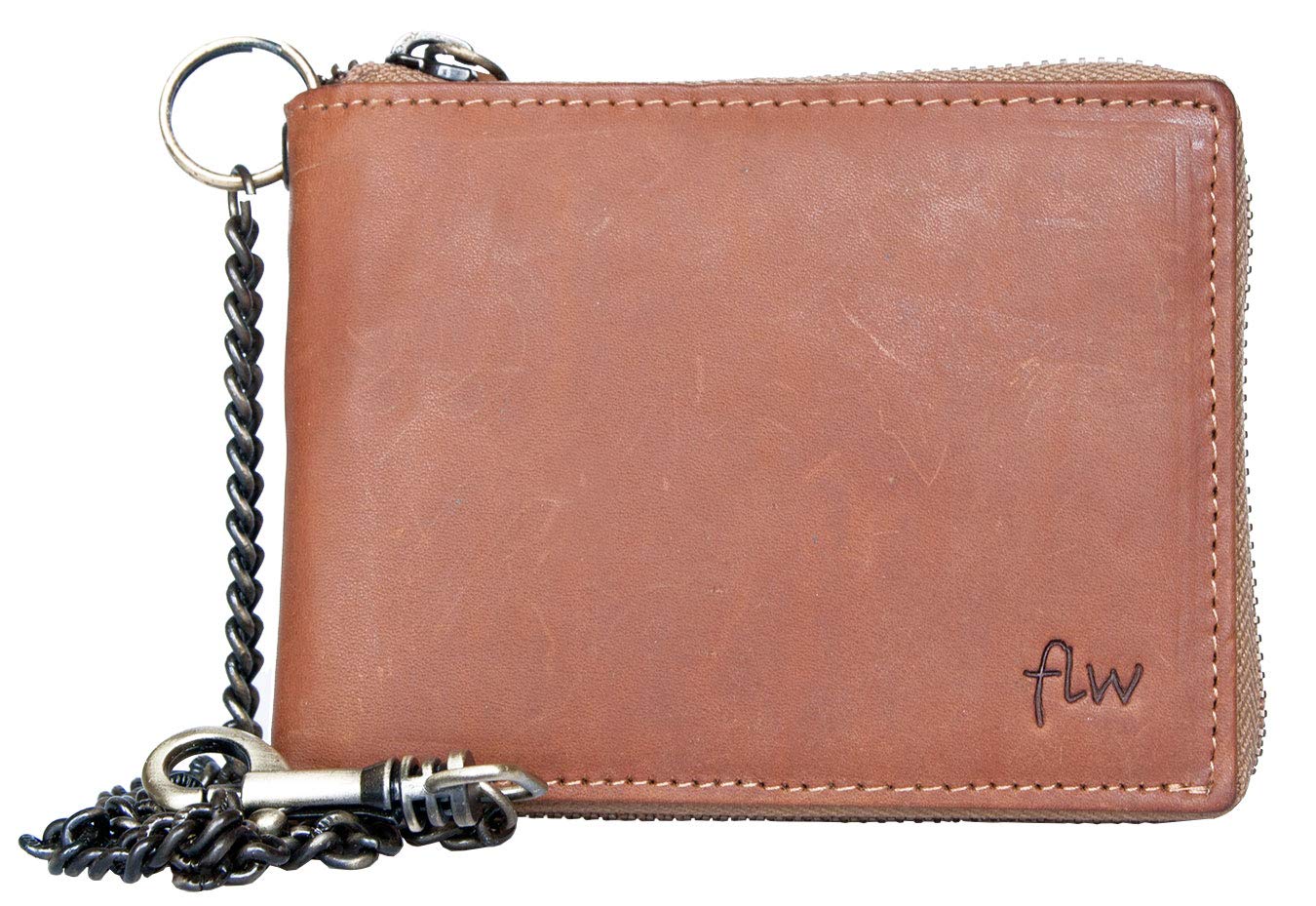 FLW Men's strong glazed genuine leather wallet with metal zipper around and chain