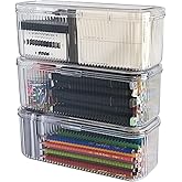 NINEWEEN 3 Pack Clear Pen Organizer for Desk Drawer, Plastic Home Office Supplies Storage Container for Marker, Crayons, Brushes, Mini Toys, Art Crafts, Pencil Case with Lid