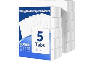 SUNEE Binder Dividers with Tabs for 3 Ring Binder, 8.5 x 11 Paper White Binder Dividers Blank with 5 Tabs, 20 Sets Page Dividers for School, Office and Home, 100 Dividers