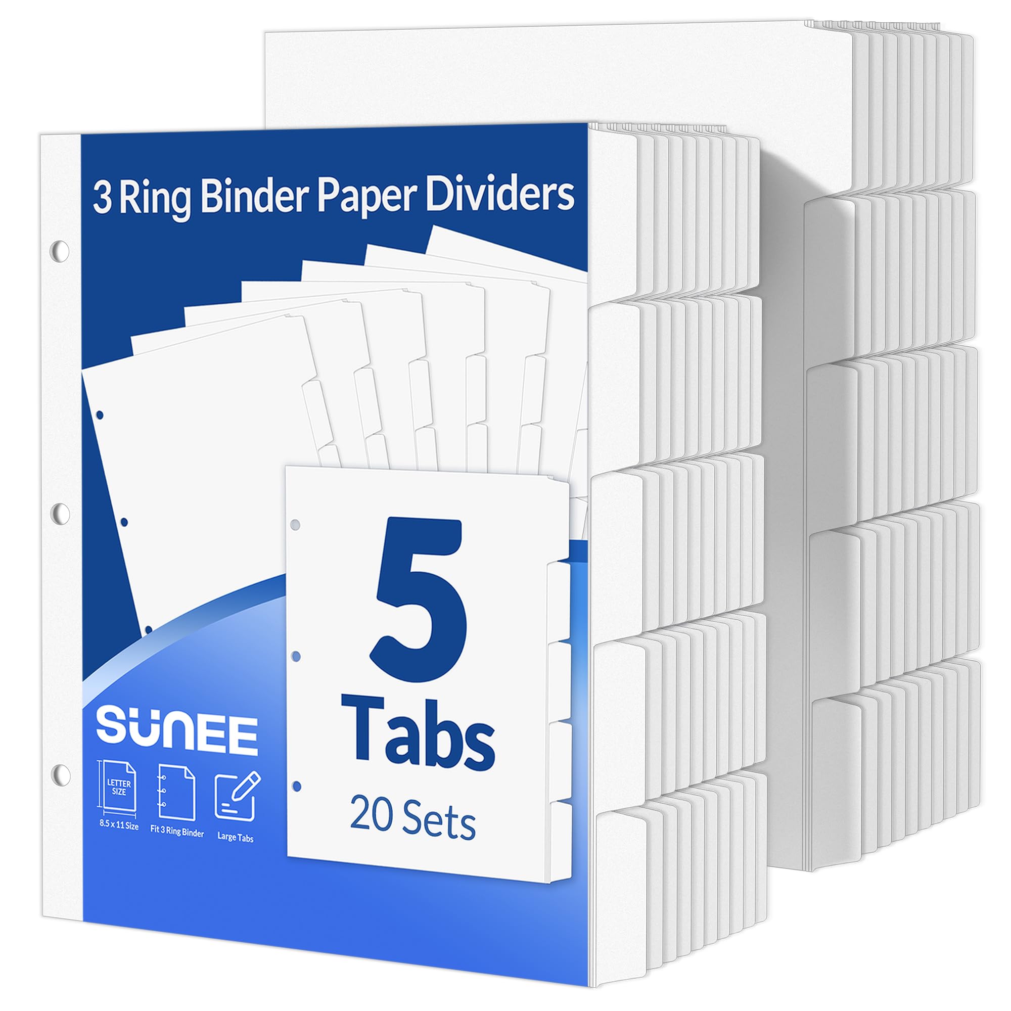 Photo 1 of SUNEE Binder Dividers with Tabs for 3 Ring Binder, 8.5 x 11 Paper White Binder Dividers Blank with 5 Tabs, 20 Sets Page Dividers for School, Office and Home, 100 Dividers