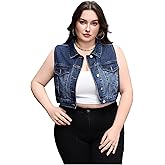 MakeMeChic Women's Plus Size Denim Vest Button Down Collared Pocket Sleeveless Crop Jean Vest