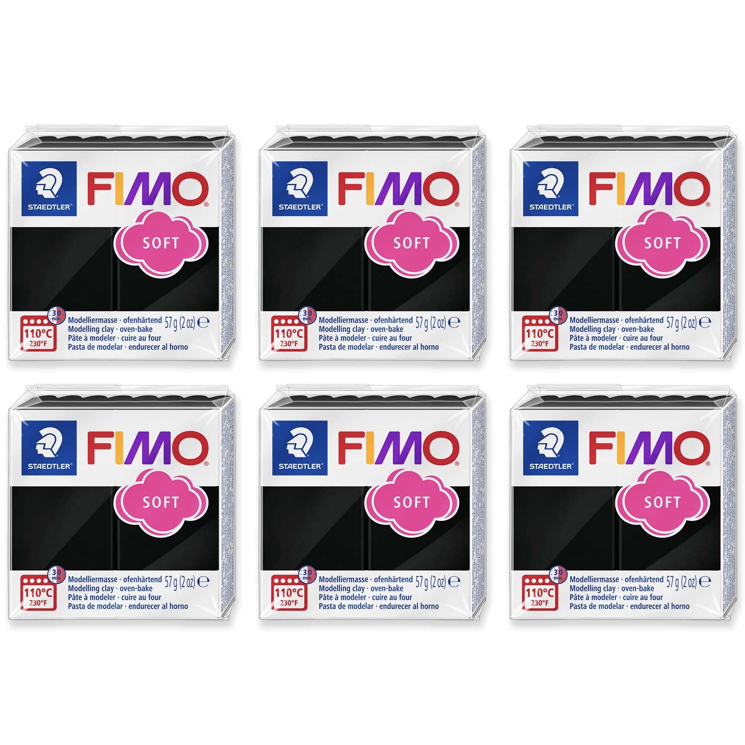 FIMO Soft Polymer Oven Bake Modelling Clay - 57g Blocks - Set of 6 - Black