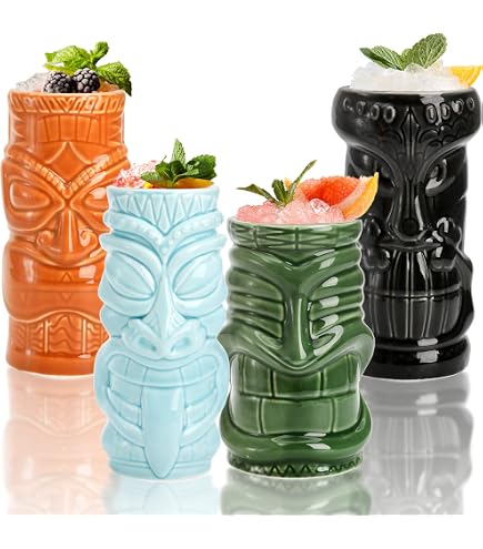 Lot De 2 Tasses Tiki Hawaïennes En Céramique - Avec Pailles Et Sous-Verres | Pour Cocktails Festifs