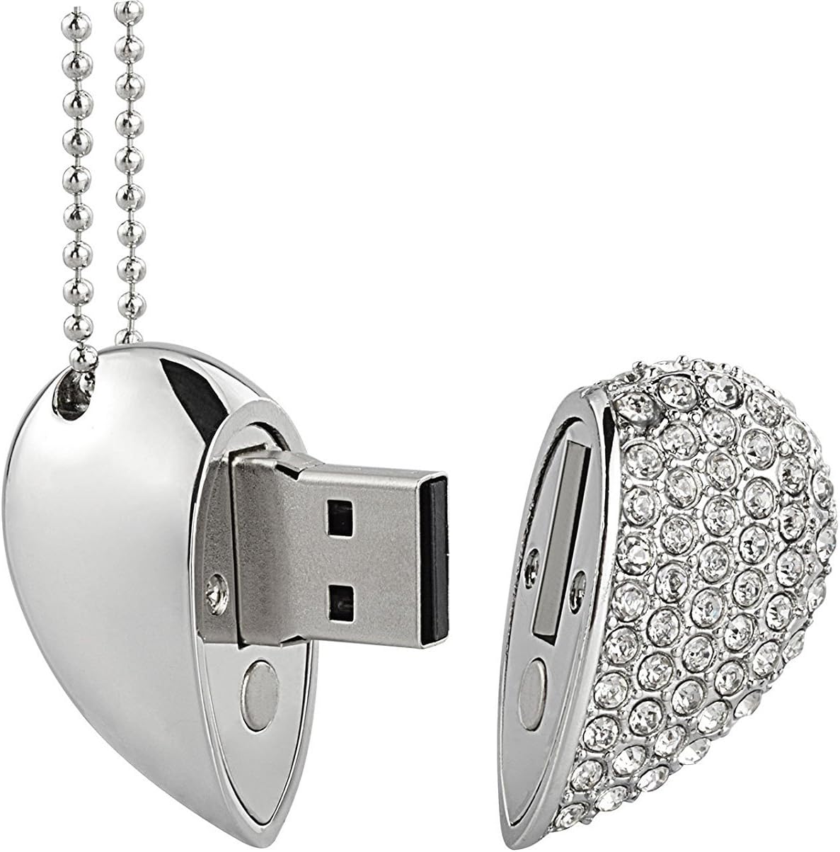 Shooo 64GB Crystal Loving Heart Shape Jewelry USB Flash Drive Memory Stick with Necklace,Silver