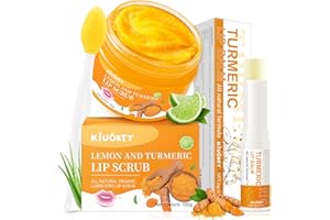 KIUORET Turmeric Lemon Lip scrub & Turmeric Lip Balm with Brush Set 3PCS - Lips Scrubber Exfoliator for Dark Lips, Reduces Fine Lines Lip - Hydrating & Smooth Cracked, Dull, Dry
