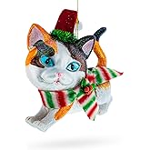 Calico Cat with Scarf Glass Christmas Ornament