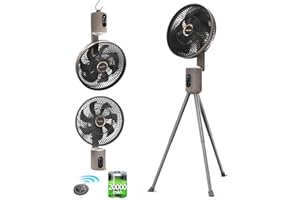 YOKEKON Oscillating Standing Outdoor Fan for Patio, 12" Rechargeable Camping Fan with Remote Light, 12000mAh Battery Operated Floor Fan, Cordless, Quiet, 8 Speeds, Timer, Beach/Bedroom/Room/Office
