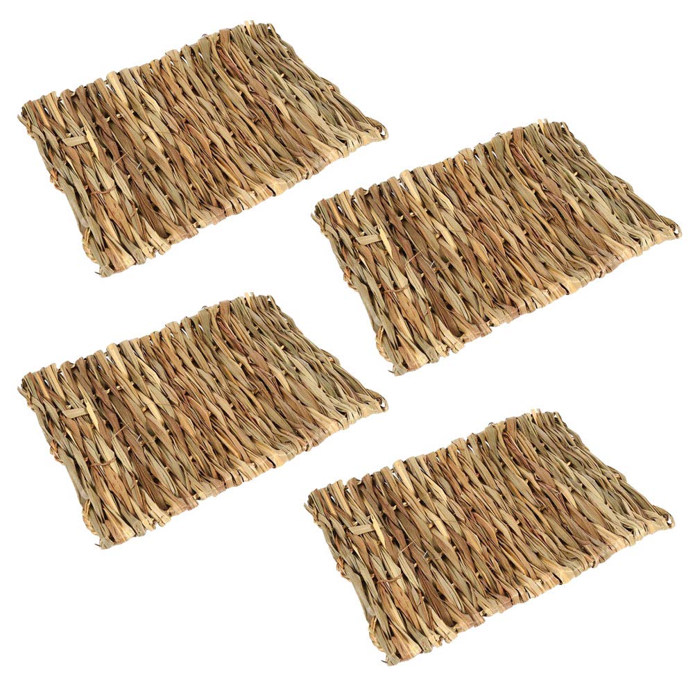 POPETPOP Grass Mat Woven Bed Mat Natural Straw Grass Bunny Chew Toys,Small Animals Mats for Rabbits, Chinchillas, Guinea Pigs & Hamster Rat (28x20cm,4Pack)
