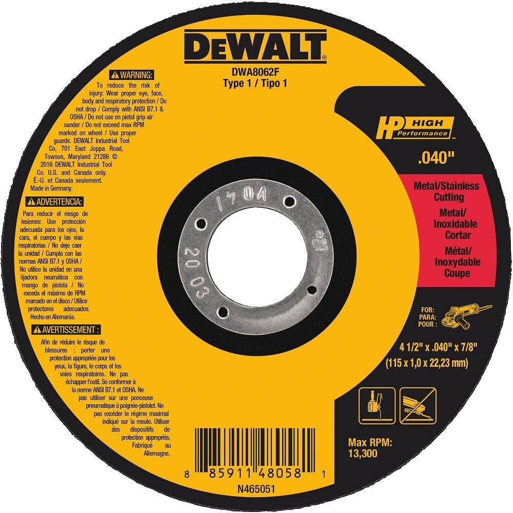 DEWALT DWA8062F T1 HP Fast Cut-Off Wheel, 4-1/2" x 0.040" x 7/8" - - 