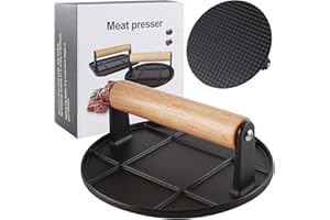 Remiawy Smash Burger Press, 6.3 Inch Round Cast Iron Grill Press with Wood Handle, Heavy-Duty Burger Smash for Griddle, Steak