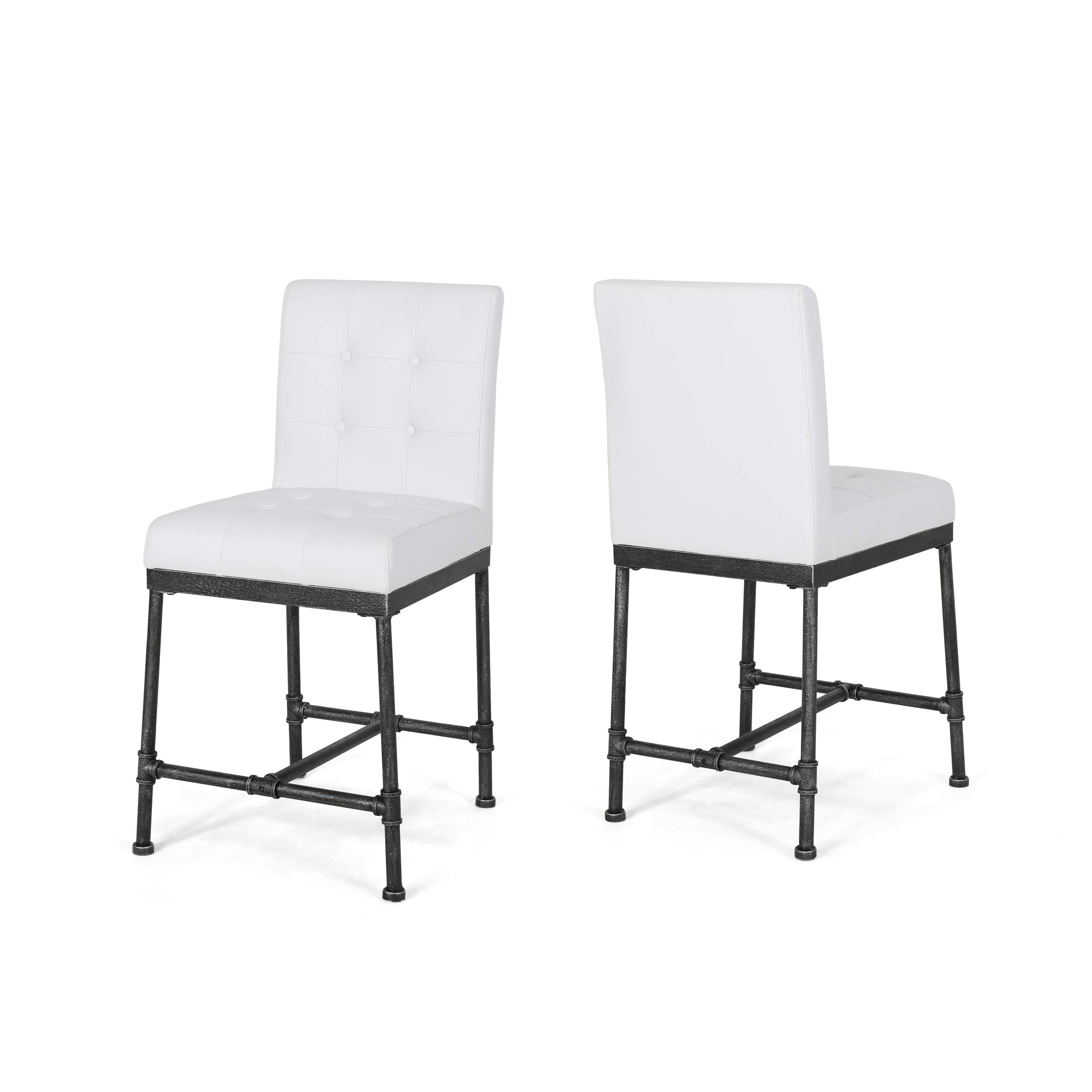 Christopher Knight Home Savannah Industrial Modern 24" Counter Stool with Faux Leather Backing and Metal Pipe Base (Set of 2), White and Black Finish