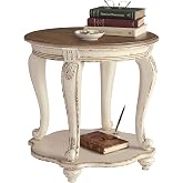 Signature Design by Ashley Realyn Round End Table, French Country, White | Ash veneer &amp; engineered wood, Cast resin corbels, Fixed lower shelf, French country side table, White end table