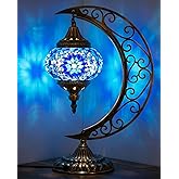 Baquler Turkish Mosaic Moon Lamp - Handmade Stained Glass Table Lamp with Metal Crescent Base, Bohemian Moroccan Bedside Night Light for Bedroom Living Room Decor, Unique Gift(Vintage Style)