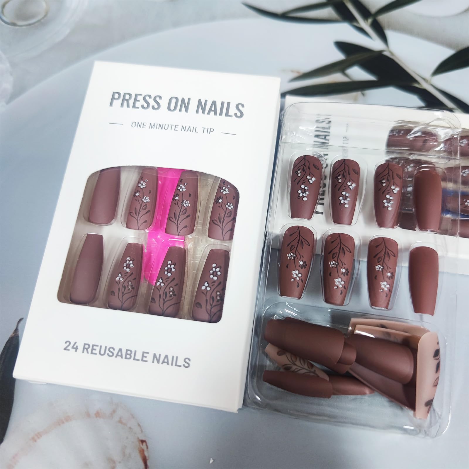 Brown Rose Press on Nails Medium Coffin Valentines Acrylic Fake Nails 24Pcs Glossy White Flower False Nails Leaves Stick on Nails Valentine's Day Gift Gel Glue on Nails for Women Girls - Image 2
