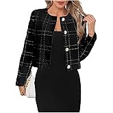 SweatyRocks Women's Plaid Long Sleeve Round Neck Button Down Crop Jacket Single Breasted Short Coat Top