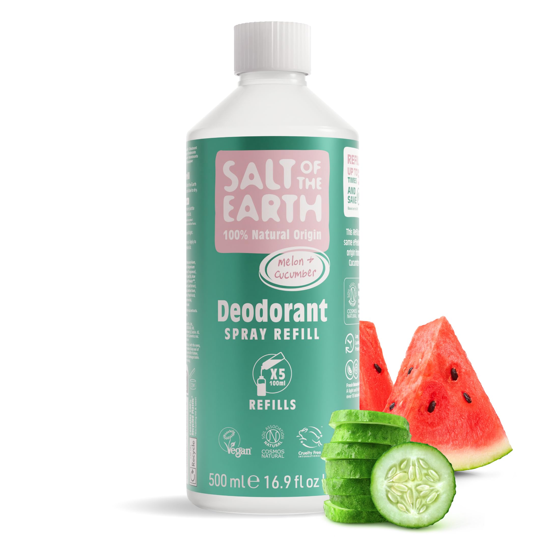 Salt of the Earth - Natural Deodorant Spray Refill - Melon & Cucumber - 100% Natural Origin Ingredients - Vegan - Suitable for Men, Women & Children - 500ml