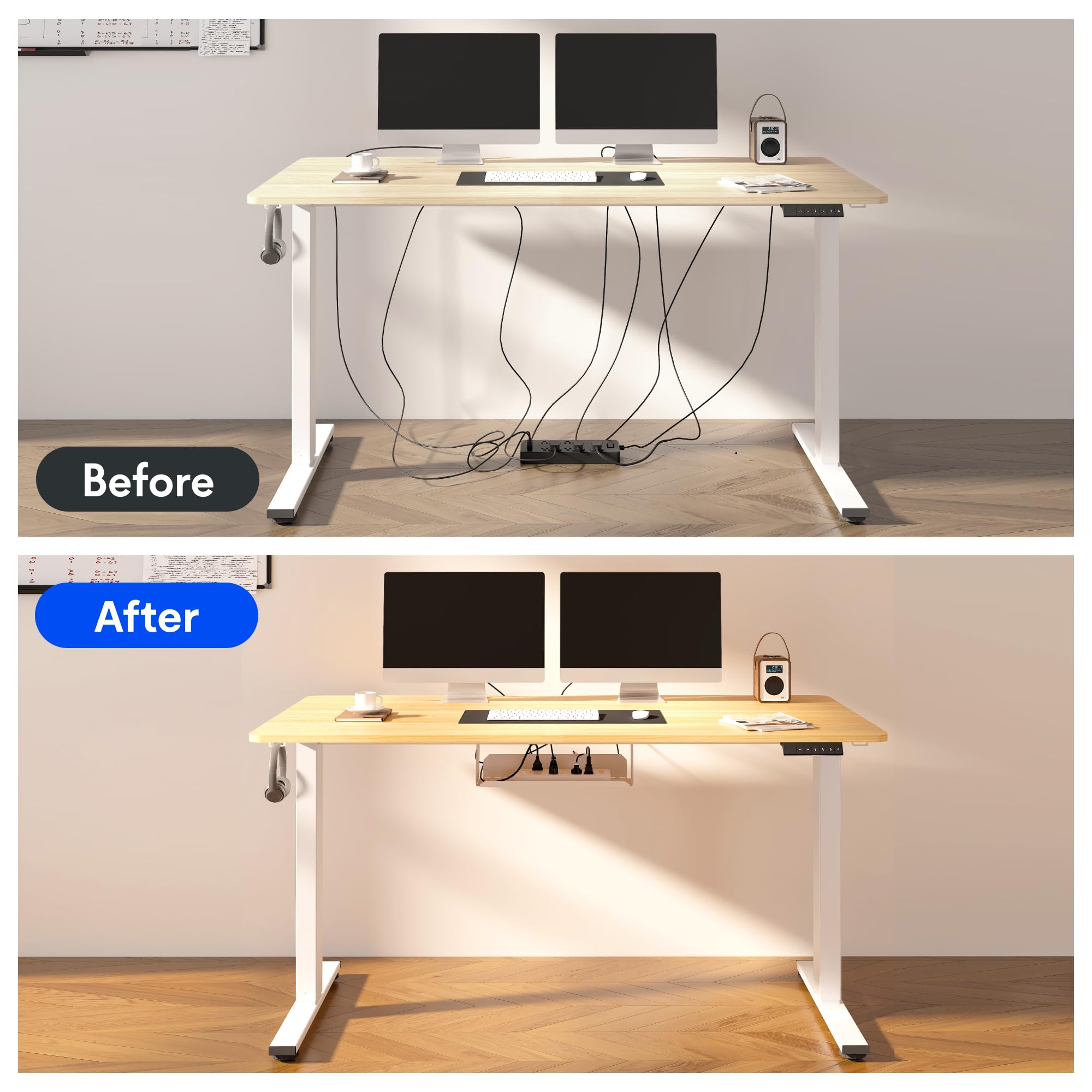 FLEXISPOT EN2 Whole-Piece Standing Desk with Clamp Power Strip, 55 x 28 Electric Stand Up Height Adjustable Desk with Cable Management (White Frame + 55