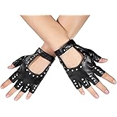 EupHHonycs Leather Punk Gloves, Black Fingerless Faux Leather Gloves, PU Faux Leathers Outdoor Sport Half Finger Glove with Belt Up Closure and Rivet for Women(Style 3)