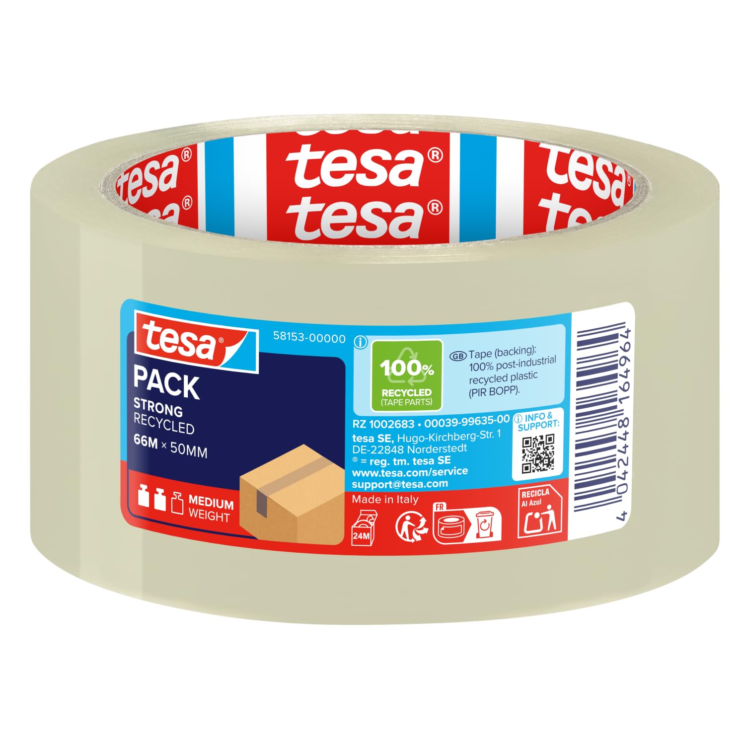 tesapack Eco & Strong - Environmentally Friendly Packing Tape Made of 100% Recycled Plastic, UV-Resistant and Age-Resistant - Transparent - 66 m x 50 mm