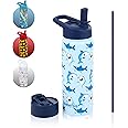 FAHRMOSIS 18 OZ Water Bottle with Straw & 2 Lids (Flip & Straw) Stainless Steel Water Bottles Leakproof Water Bottle for School & Sports Water Bottle - Blue (Shark)