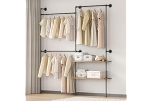 DABILONGC Industrial Pipe Clothing Rack Wall Mounted Heavy Duty, Space Saving Garment Hanger System for Wardrobe/Walk-in Closet (Black, 2 Tier)