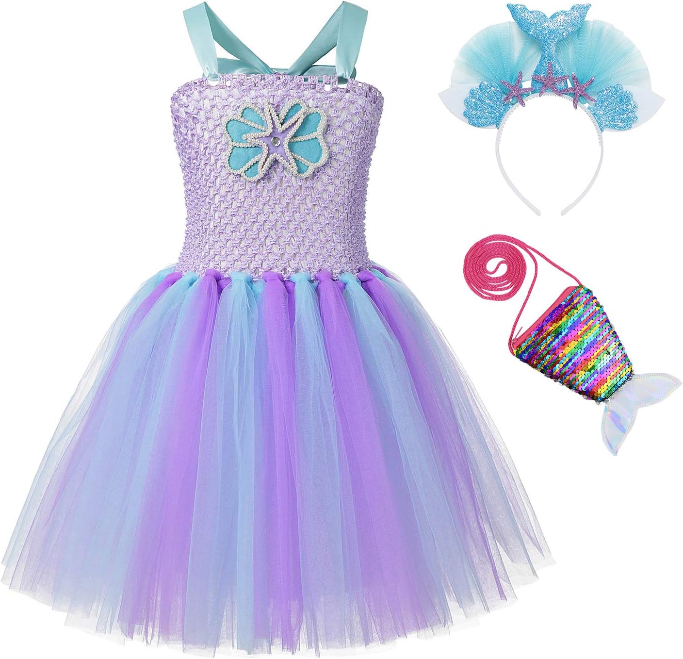 Little Mermaid Tutu Dress Girls Purple Tulle Party Costume with Headband