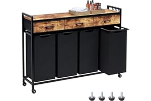 Timberer Laundry Hamper, Laundry Sorter 4 Sections, Rolling Laundry Basket with Wheels, 3 Drawers, 4 × 14.5 Gal (55 L), Pull-Out and Removable Oxford Fabric Bags, Black and Rustic Brown