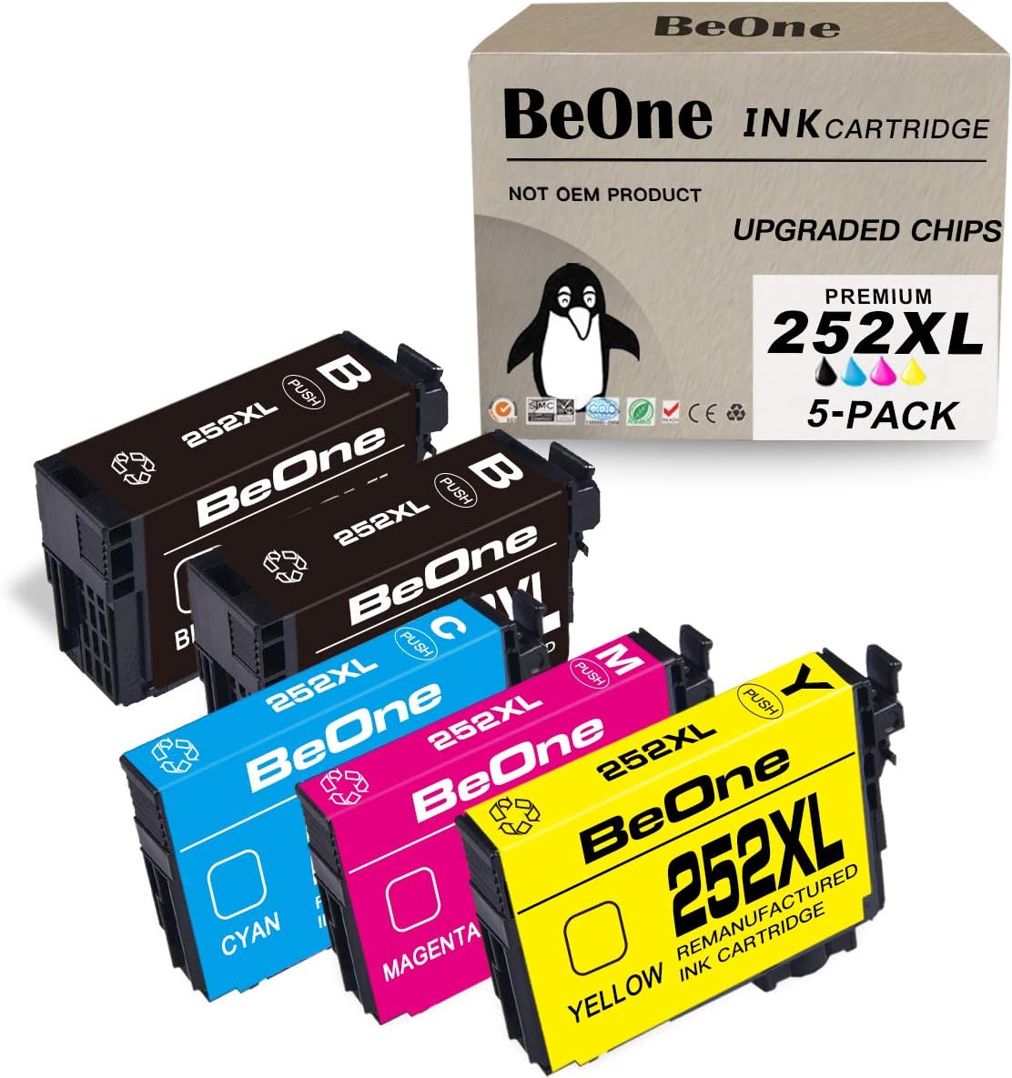 BeOne 252XL 5-Pack Remanufactured Ink Cartridge Replacement for Epson 252 XL T252 T252XL Use with Workforce WF-7710 WF-7720 WF-3640 WF-3620 WF-7610 WF-7620 WF-7210 WF-7110 Printer (2BK 1C 1M 1Y)