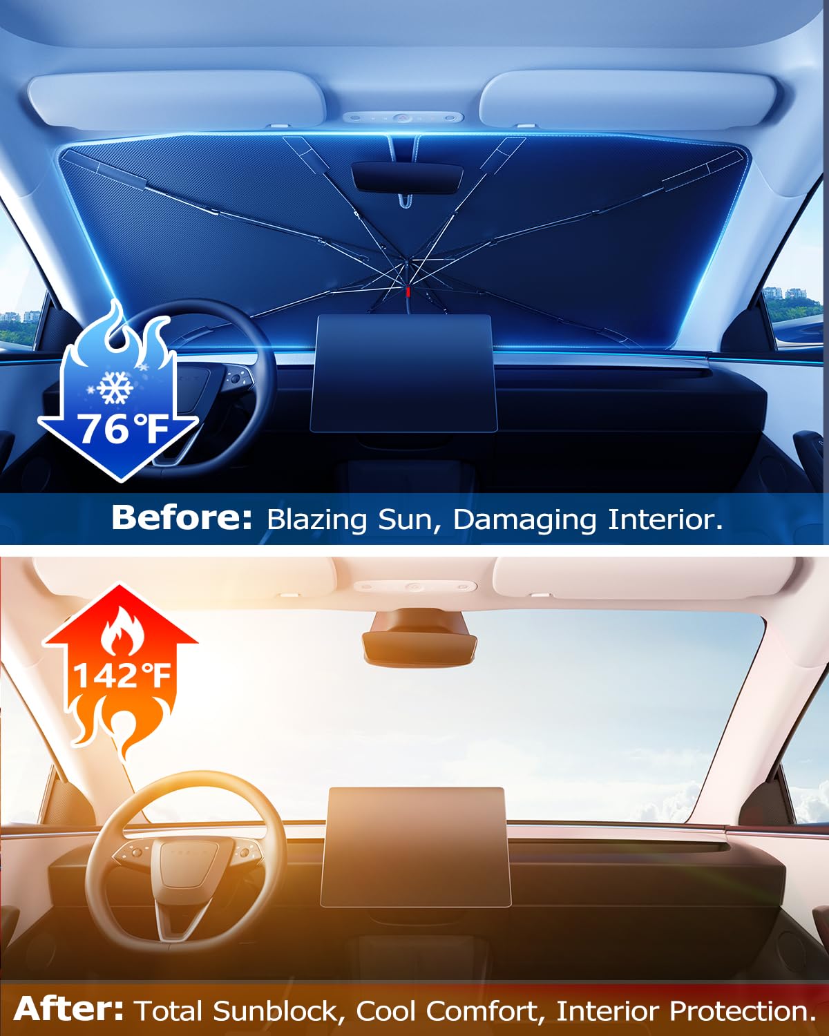 Photo 1 of [2025 Upgrade] Doogoocoo Windshield Sun Shade, [100% Sun Block & Ice-Crystal Cooling] Protect Interior & Keep Car Cooler, Portable Foldable Car Sunshade Front Windshield for Tesla Model 3/Y