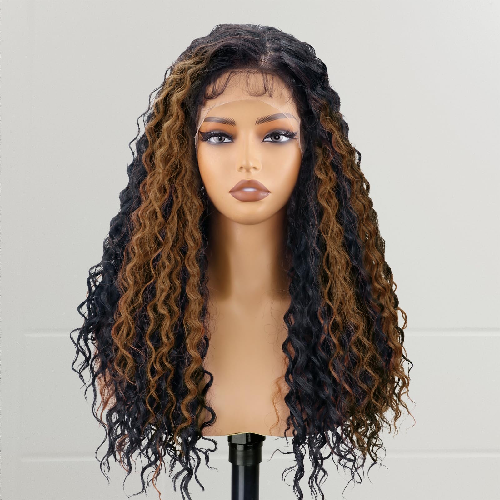 Photo 1 of Curly Brown Highlight Wig 13x4 Synthetic Lace Front Wig 24 Inch Curly Wavy Black Mixed Brown Highlight Wigs for Women Daily Party Use