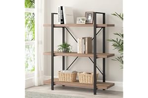 HSH Industrial 3 Tier Book Shelf, Modern Small Wood and Metal 3 Shelf Bookcase Etagere, Farmhouse Open Low 3 Tier Bookshelf and Display Storage Shelves for Bedroom Living Room Office, Rustic Oak
