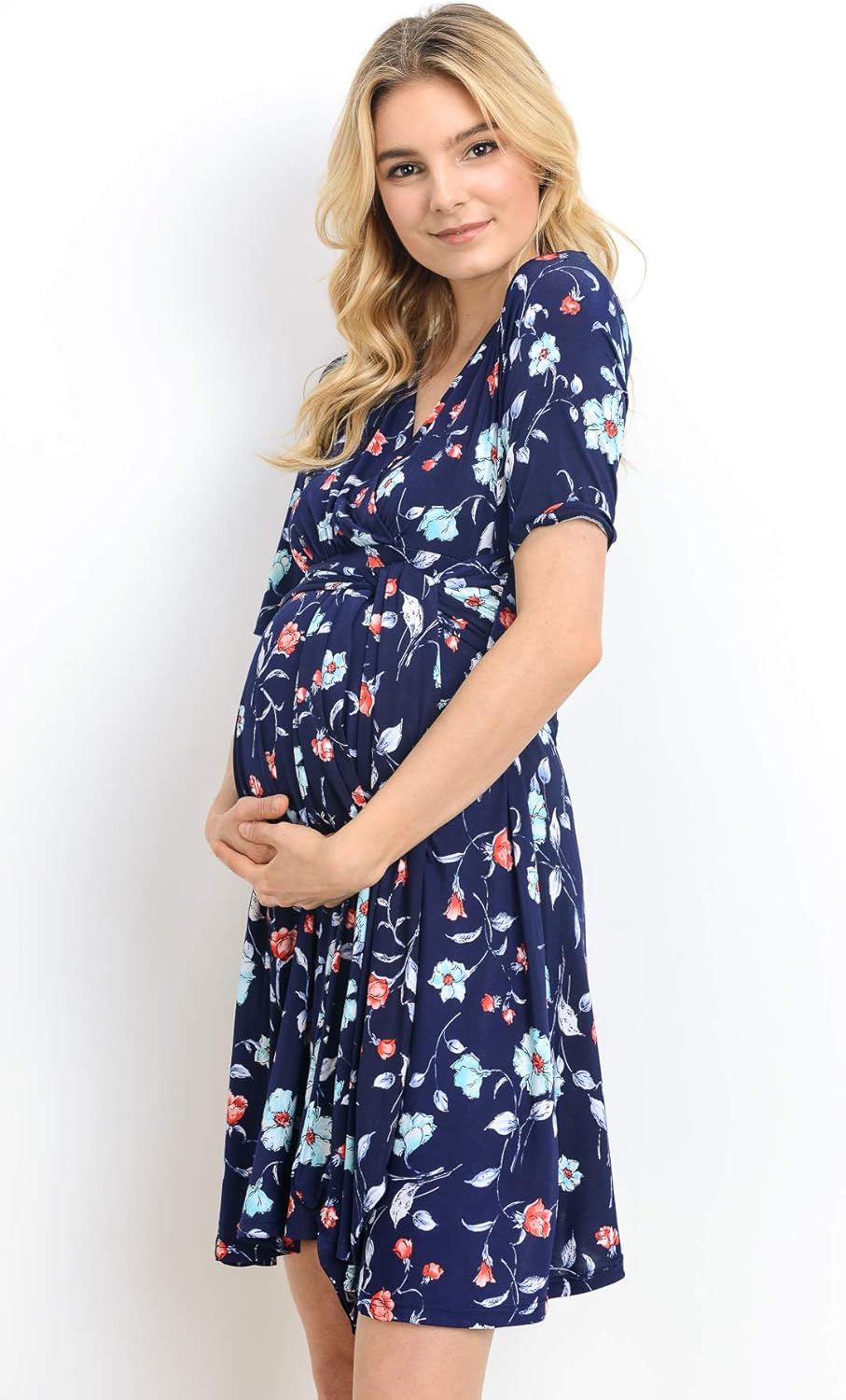 Hello MIZ Flower Print V-Neck 3/4 Sleeve Baby Shower Front Tie Wrap Maternity Dress at  Women’s Clothing store