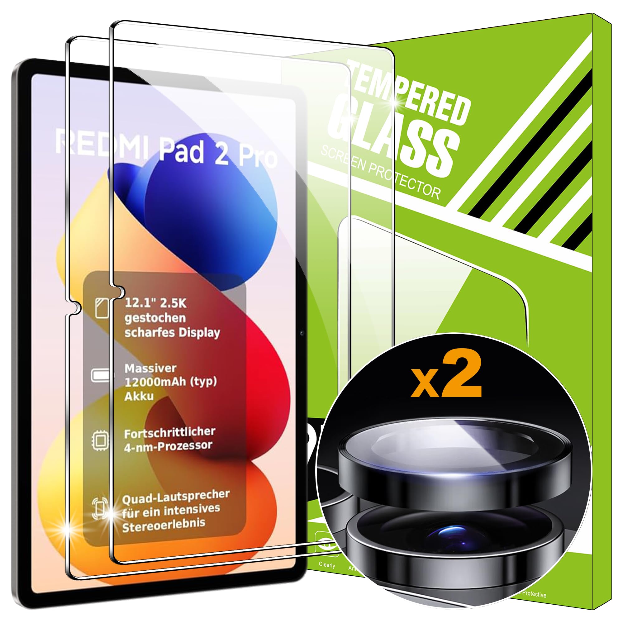 Lemxiee Schutzfolie für Xiaomi Redmi Pad 2 Pro & POCO Pad M1 12.1" Panzerglas [2+1 Stück] Kameraschutz + HD 9H Härte Displayschutz Folie Displayschutzfolie