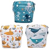 Babygoal Swim Diapers 3 Pack for 8M-3T Babies and Toddlers, Reusable Adjustable Washable for Baby Girl and Boy Swimming Lessons-Shark & Octopus