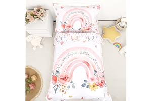 SWESEN 4 Pieces Toddler Bedding Set for Girls, Rainbow Toddler Comforter Set, Include Quilted Comforter, Flat Sheet, Fitted Sheet, Pillowcase, Ultra Soft and Breathable, Boho Floral, Pink
