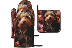 Oven Mitts and Pot Holders 3 pcs Heat Resistant Oven Mitt for Cooking Yorkie Floral Non-Slip Kitchen Ovens Glove Washable Ove