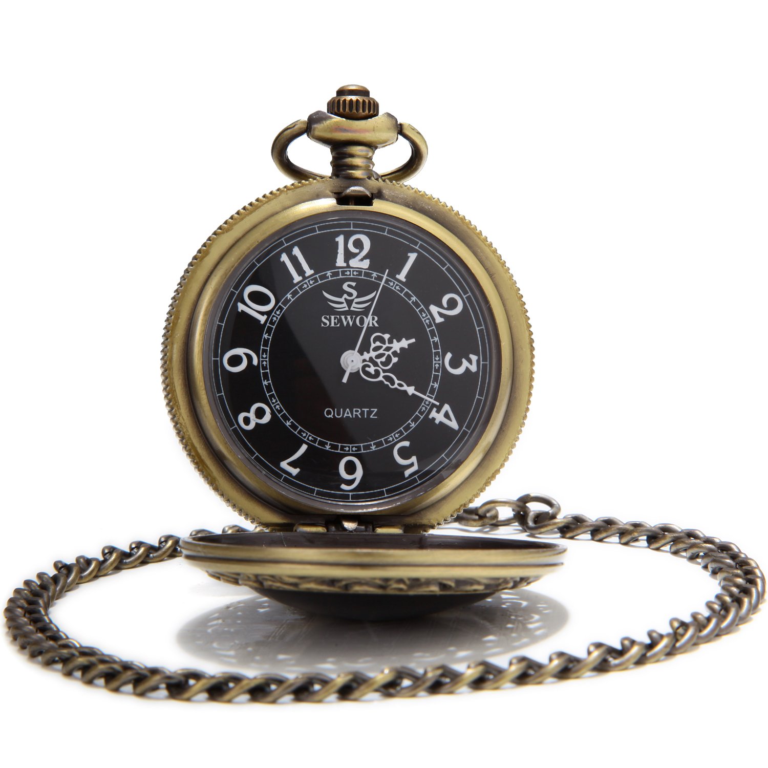 SEWOR Fashion Bronze Quartz Enamel Painting Pocket Watch Black Dial + Leather Gift Box (Cross Wings)