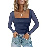 Chunpin Women's Bodysuits Square Neck Long Sleeve Bodysuits Mesh Ruched Thong Body Suit Outfits Going Out Tops