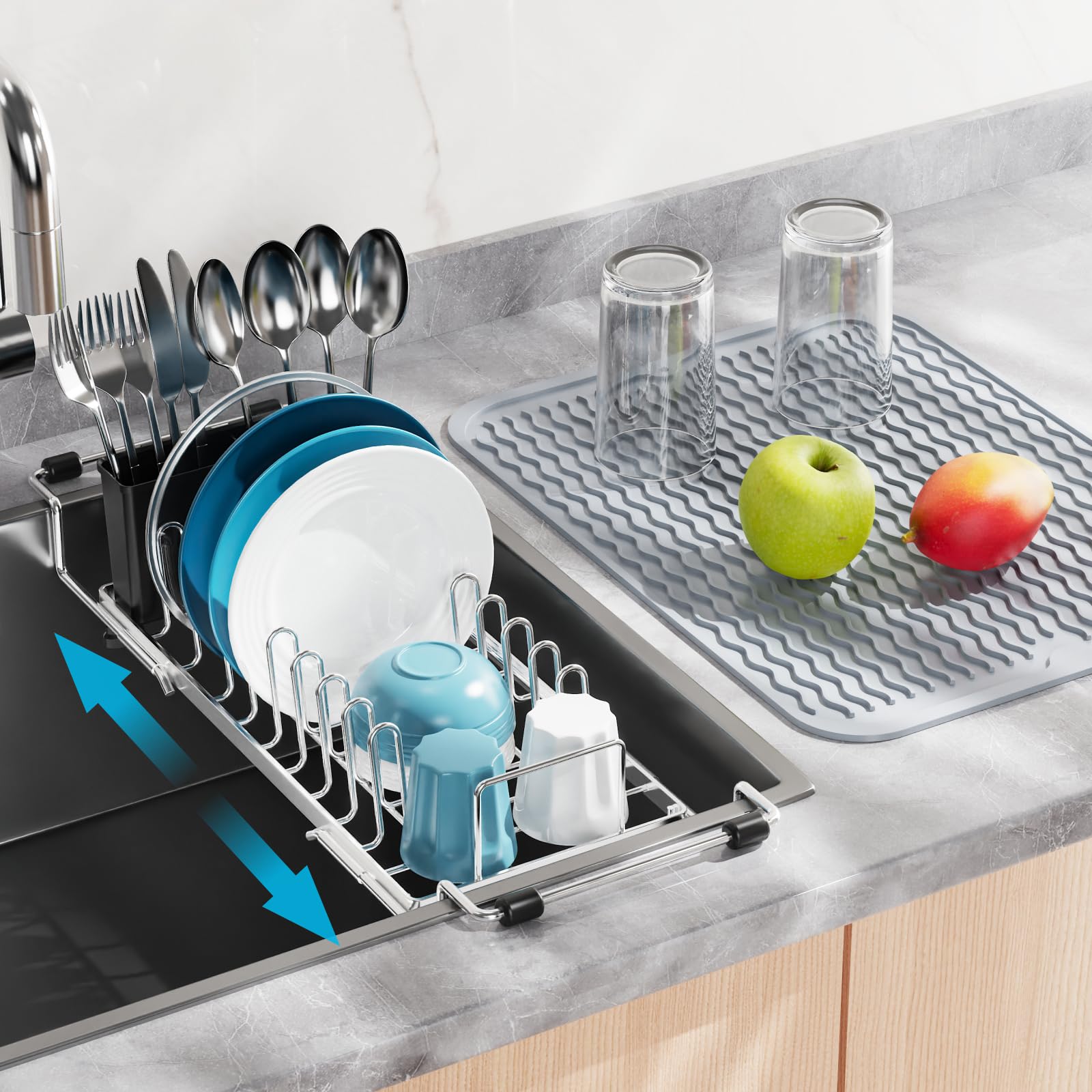 Photo 1 of GSlife Stainless Steel Sink Dish Drying Rack - Small in Sink Dish Rack with Silicone Mat, Expandable Kitchen Counter Drainer with Utensil Holder, Fit for 13.2-17 inch, Silver