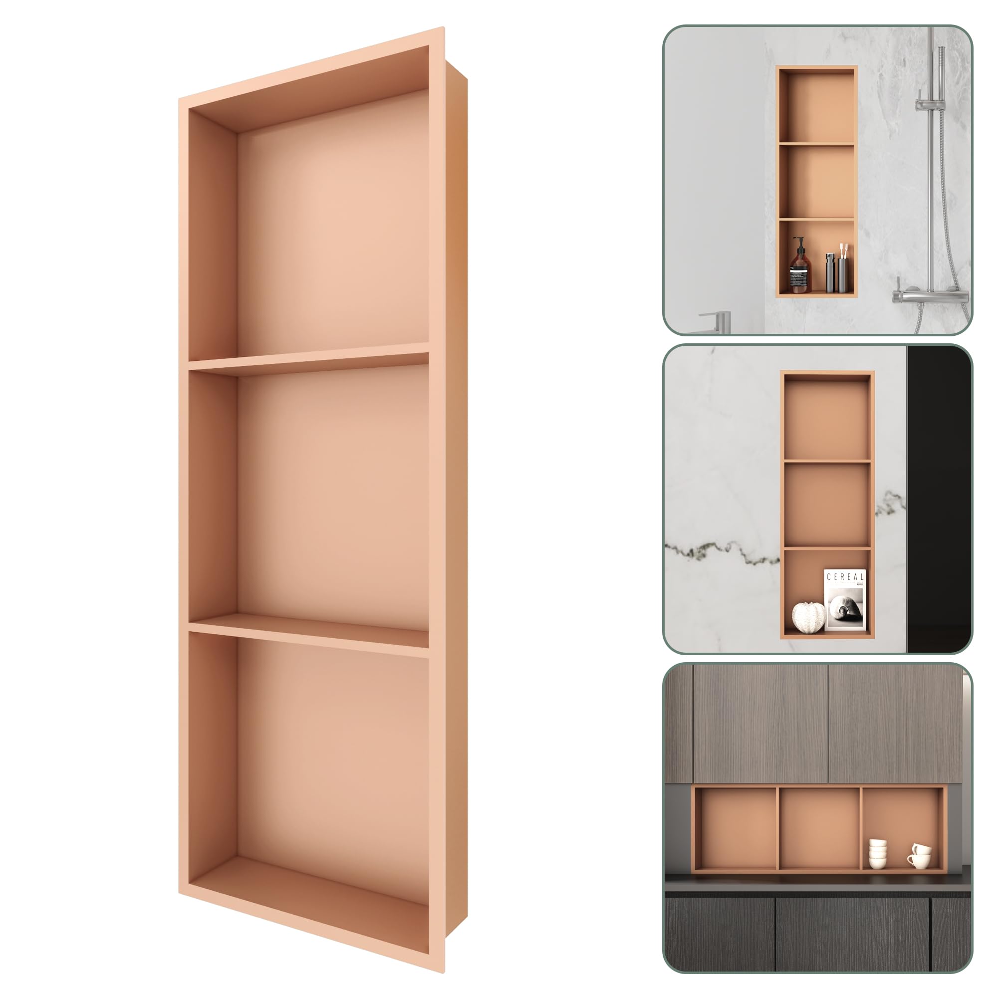 Photo 1 of SUPERFLO Stainless Steel Shower Niche 12" X 36", No Tile Needed Recessed Niche Shower Three Shelves Organizer Bathroom For Bathroom Storage, Rose Gold
