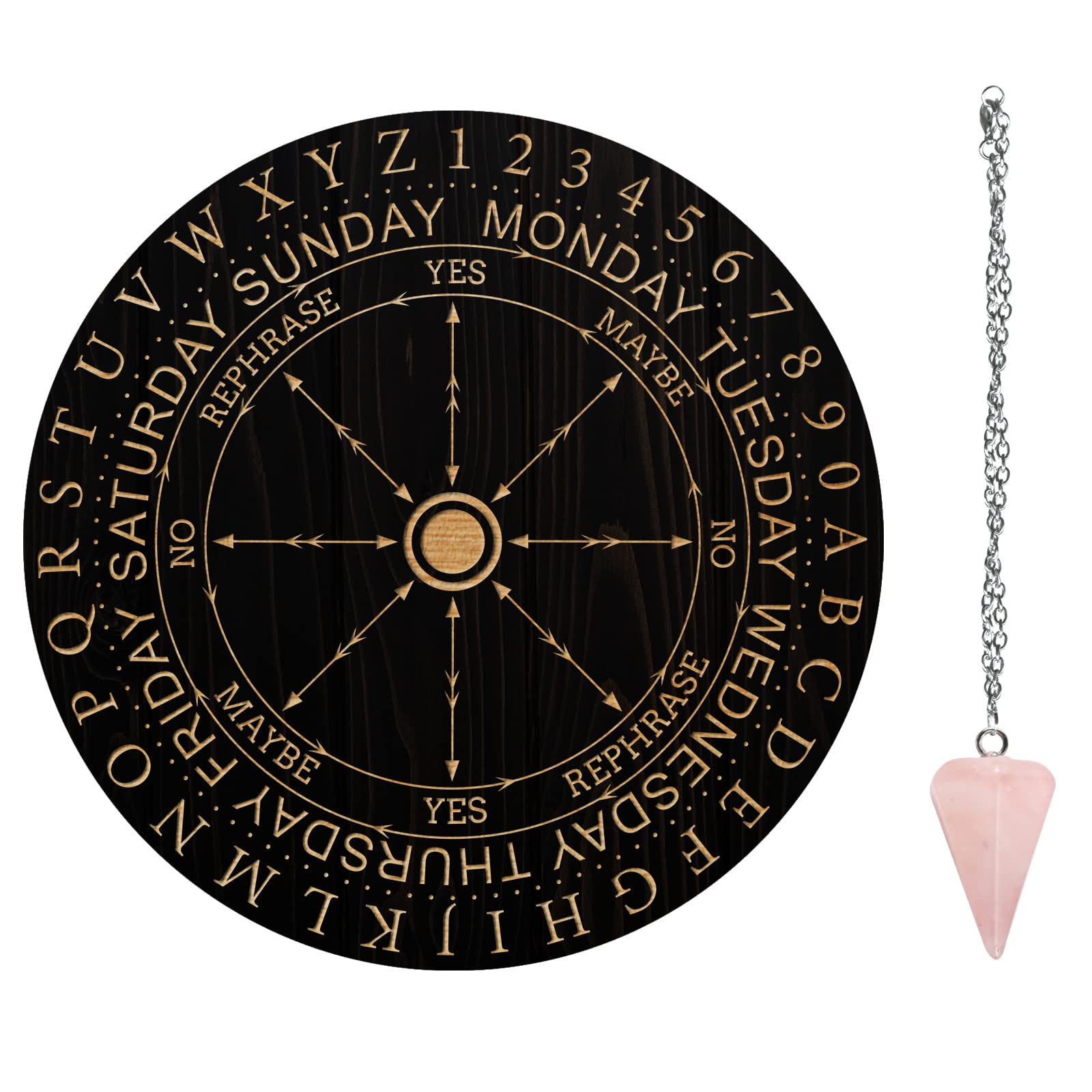AHANDMAKER Divination Pointer Pendulum Board, 7.8" Dowsing Divination Metaphysical Message Board Wooden Carven Board with Crystal Pendulum Necklace Divination for Witchcraft Wiccan Altar Supplies Kit