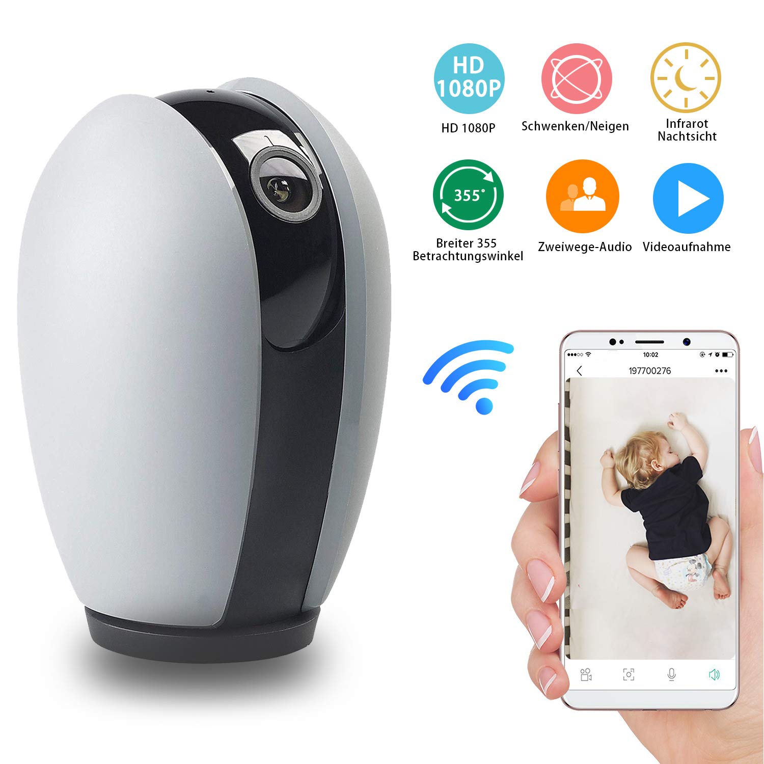 AUQUSH WLAN IP-Kamera 1080P WiFi Überwachungskamera mit Nachtsicht Bewegungserkennung,Zwei-Wege Audio und 355°/120°Schwenkbar Kamera für Baby/Elder/Haustier