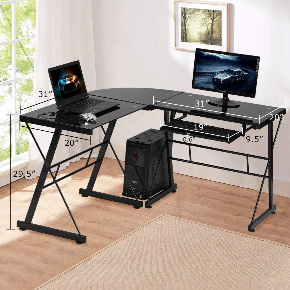 Computer Desk Gaming Desk L Shaped Corner Desk Home Office Writing Workstation Toughened Glass Study Keyboard CPU Stand PC Modern Table for Small Spaces,Black: Furniture & Decor