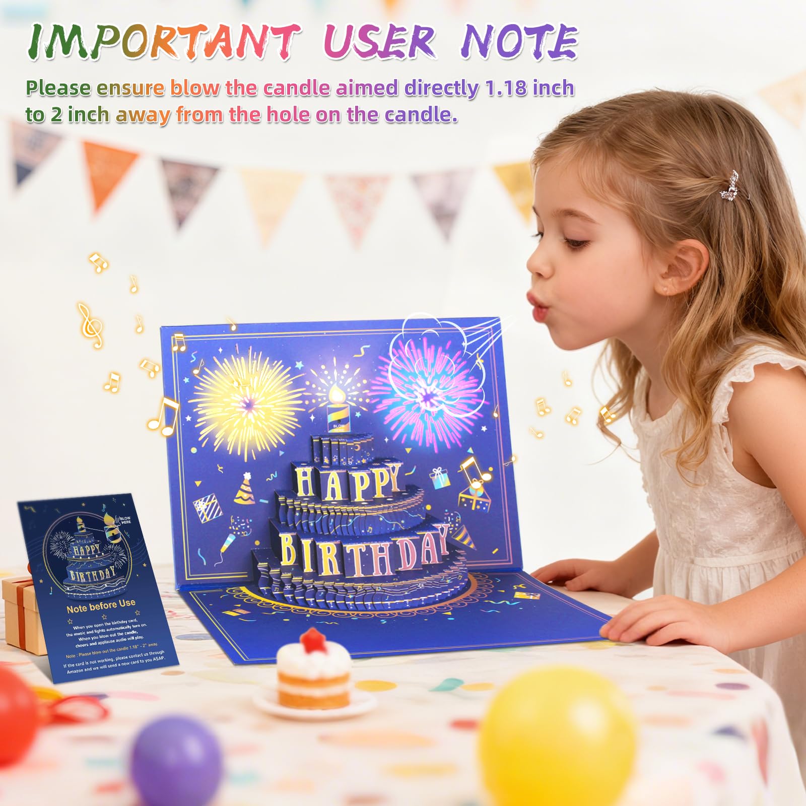 UPGRADED 3D Pop Up Firework Birthday Cards, Musical LED Lights Birthday Cards with Blowable Birthday Cake, Greeting Cards, Birthday Gifts for Mom Women Men Kids Child Dad Father Wife