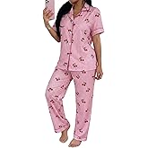 WDIRARA Women's Striped 2 Piece Pajama Sets Cherry Print Short Sleeve Button Down Pants Pjs Sleepwear