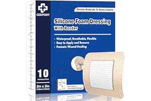 Ceeport Silicone Foam Dressing with Adhesive Gentle Border 3" x 3" 10 Pack, Waterproof Wound Dressing, High Absorbency Bed Sore Wound Bandages, Square Breathable Foam Dressing for Wound Care