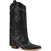 MAIJED Fold Over Shark Boots for Women Snip Toe Chunky Heel Wide Calf Cowboy Boots Studded Pull On Classic Fashion Party Dress Cowgirl Booties